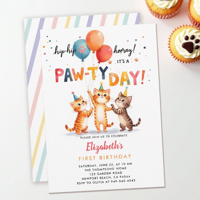 Invitación Fiesta de Gatos Gatitos Juguetones Globos Cumpleañ (cat birthday party invitation playful kittens colorful balloons watercolor cute kids backyard)