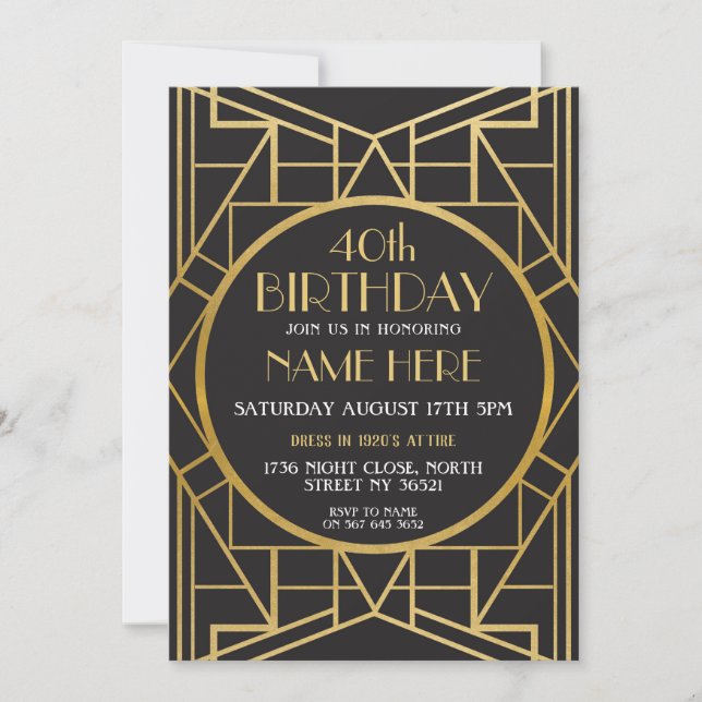 Invitación fiesta de Gatsby del cumpleaños del art déco de (Anverso)