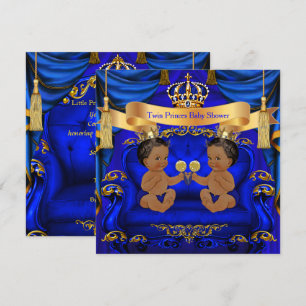 Invitación Fiesta de Gemelos Étnicos Niño Príncipe Azul Dorad