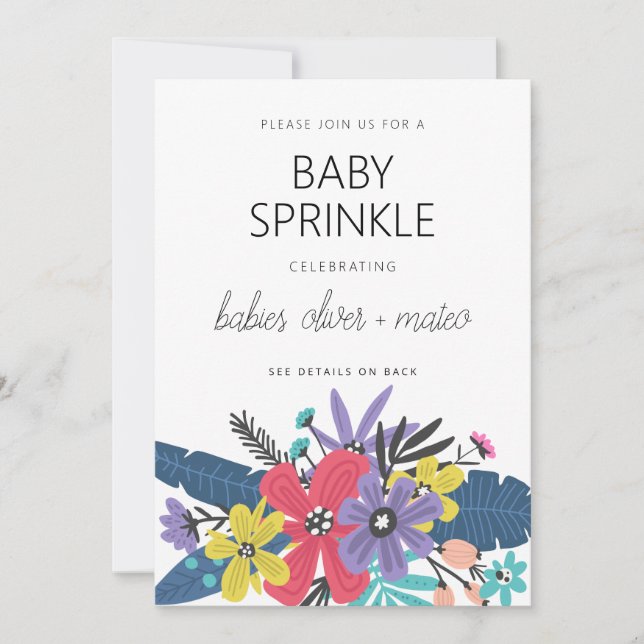 Invitación Fiesta de Gemelos Niño Flores Boho Modernas (Anverso)