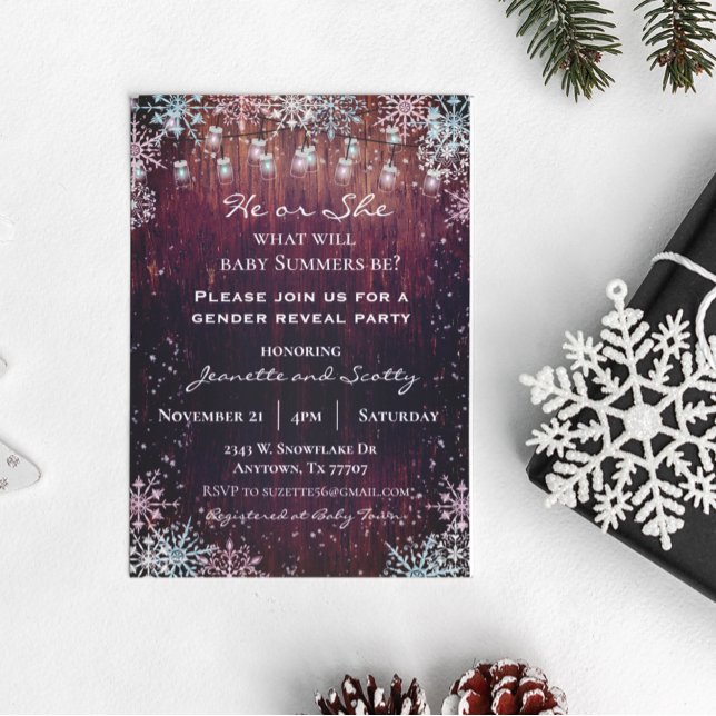 Invitación Fiesta de género revela luz de madera de copo de n (Subido por el creador)