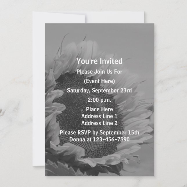 Invitación Fiesta de girasoles en blanco y negro (Anverso)