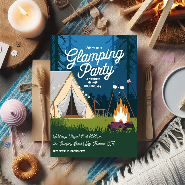 Invitación Fiesta de Glamping con fogata y tienda acogedoras (Cozy Campfire and Tent Glamping Party Invitation)