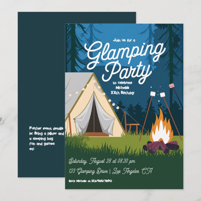 Invitación Fiesta de Glamping con Fogueo Acogedor y Carpa (Anverso / Reverso)