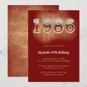 Invitación Fiesta de Glitter Rojo Retro Vintage Cumpleaños 40