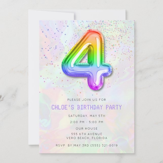 Invitación Fiesta de globo de cuarto cumpleaños de Chica colo (Anverso)