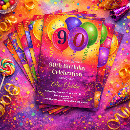 Invitación Fiesta de globos con confeti para el cumpleaños 90