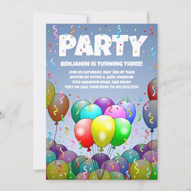 Invitación Fiesta de Globos de Cumpleaños (Anverso)