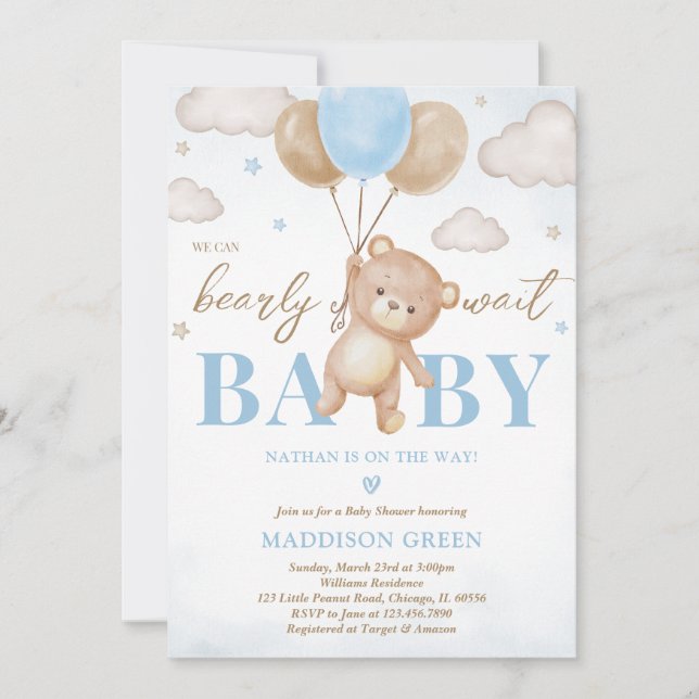 Invitación Fiesta de globos del oso azul para el bebé (Anverso)