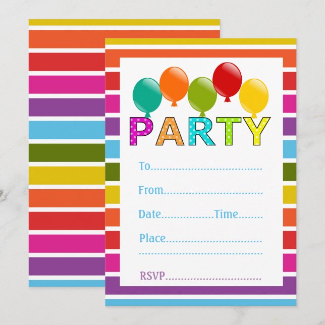 Invitación Fiesta de globos multicolores genéricos (Anverso / Reverso)