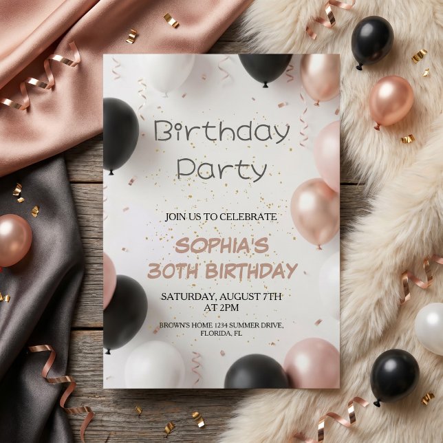 Invitación Fiesta de Globos Rosa Negro Elegante (Subido por el creador)