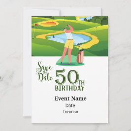 Invitación Fiesta de golf 50th Birthday Save Date mujer golfi