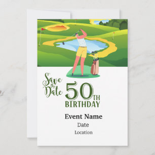 Invitación Fiesta de golf 50th Birthday Save Date mujer golfi