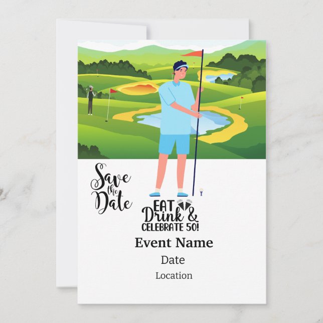 Invitación Fiesta de golf 50th Birthday Save the Date for gol (Anverso)
