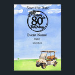 Invitación Fiesta de golf 80th Birthday Save the Date for gol<br><div class="desc">¡Guarde la fecha para un fiesta de golf especial que celebre su cumpleaños número 80! Este fiesta seguramente será un agujero en uno para cualquier fanático del deporte. Ya sea que seas un profesional experimentado o que recién empieces, ¡únete a la diversión! Invitación con tarjeta para entrenador, instructor, profesor, amigo,...</div>