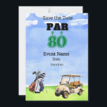 Invitación Fiesta de golf 80th Birthday Save the Date for gol<br><div class="desc">¡Guarde la fecha para un fiesta de golf especial que celebre su cumpleaños número 80! Este fiesta seguramente será un agujero en uno para cualquier fanático del deporte. Ya sea que seas un profesional experimentado o que recién empieces, ¡únete a la diversión! Invitación con tarjeta para entrenador, instructor, profesor, amigo,...</div>