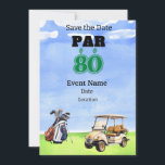 Invitación Fiesta de golf 80th Birthday Save the Date for gol<br><div class="desc">¡Guarde la fecha para un fiesta de golf especial que celebre su cumpleaños número 80! Este fiesta seguramente será un agujero en uno para cualquier fanático del deporte. Ya sea que seas un profesional experimentado o que recién empieces, ¡únete a la diversión! Invitación con tarjeta para entrenador, instructor, profesor, amigo,...</div>