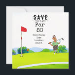 Invitación Fiesta de golf 80th Birthday Save the Date for gol<br><div class="desc">¡Guarde la fecha para un fiesta de golf especial que celebre su cumpleaños número 80! Este fiesta seguramente será un agujero en uno para cualquier fanático del deporte. Ya sea que seas un profesional experimentado o que recién empieces, ¡únete a la diversión! Invitación con tarjeta para entrenador, instructor, profesor, amigo,...</div>