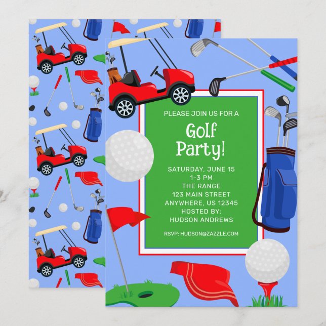 Invitación Fiesta de golf azul y verde rojo (Anverso / Reverso)