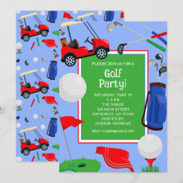 Invitación Fiesta de golf azul y verde rojo
