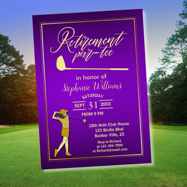 Invitación Fiesta de golf de retiro Mujer de oro morada clási (Subido por el creador)