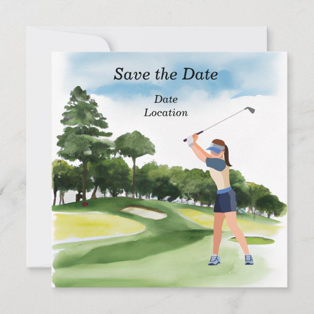 Invitación fiesta de golf para salvar la fecha mujer golfista (Anverso)