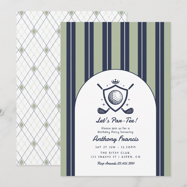 Invitación Fiesta de Golf Preppy Navy, Blanco y Salvia en el  (Anverso / Reverso)