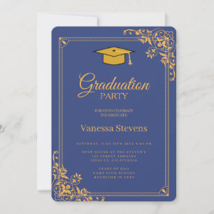 Invitación Fiesta de gorra de graduación clásica azul y dorad