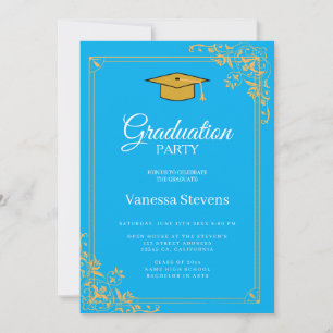 Invitación Fiesta de gorra de graduación clásica azul y dorad