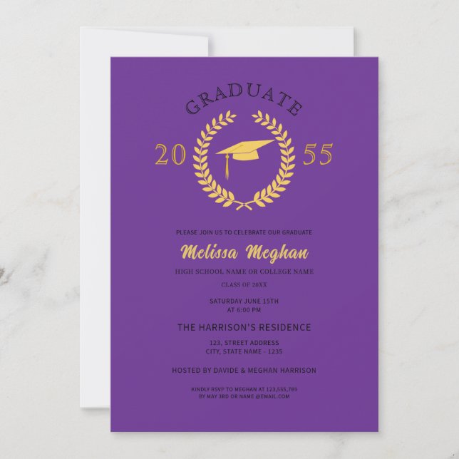 Invitación Fiesta de Gorra Dorada de Laurel Formal Elegante  (Anverso)