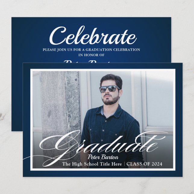 Invitación Fiesta de Grad con guión de plata azul de la Marin (Anverso / Reverso)