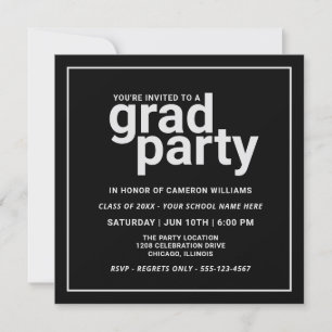 Invitación Fiesta de Grado Básico Moderno Gris Negro y Plata