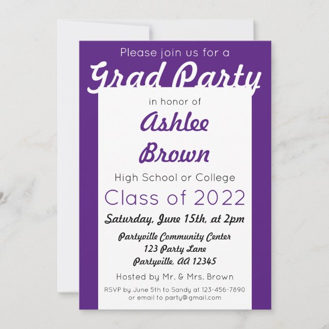 Invitación Fiesta de Grado Blanco Morado Graduación Negrita (Anverso)