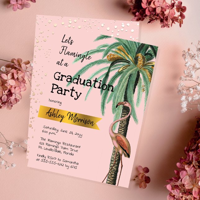 Invitación Fiesta de Grado de Árbol de Palma Rosa Moderno Vin (Vintage Modern Pink Flamingo Palm Tree "Let's Flamingle at a Graduation Party" Invitation )