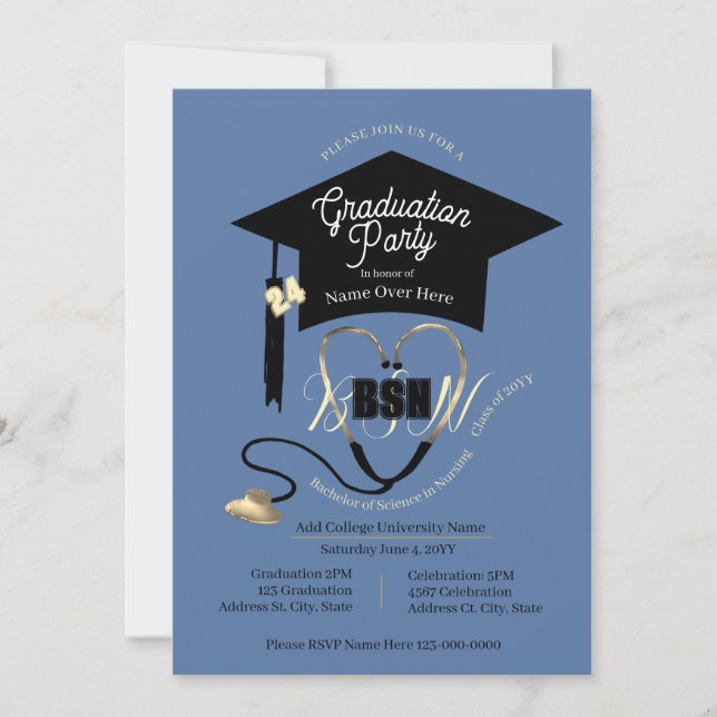 Invitación Fiesta de Grado de Enfermería Editable en Azul Sim (Anverso)