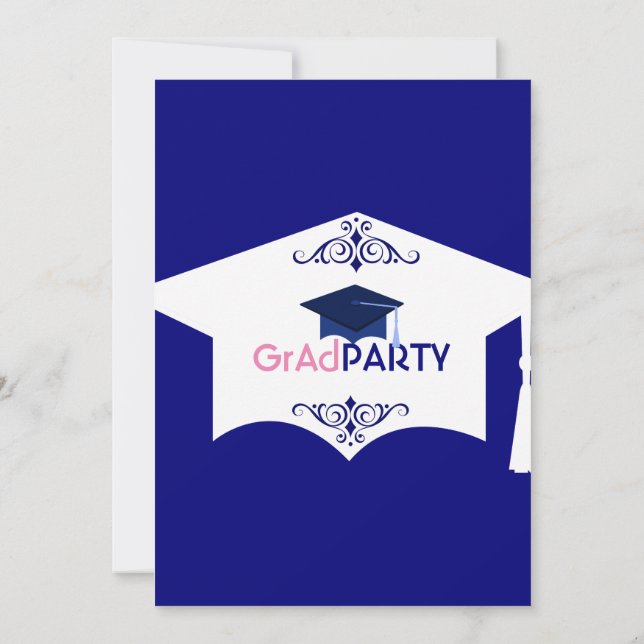Invitación Fiesta de grado de Gorra de graduación blanco y az (Reverso)