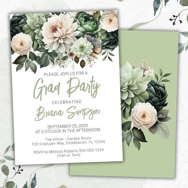 Invitación Fiesta de Grado de Graduación de Floral Verde Sage (Subido por el creador)