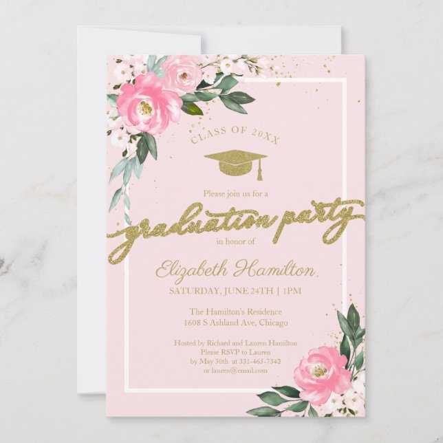 Invitación Fiesta de grado de secundaria Floral rosa caliente (Anverso)