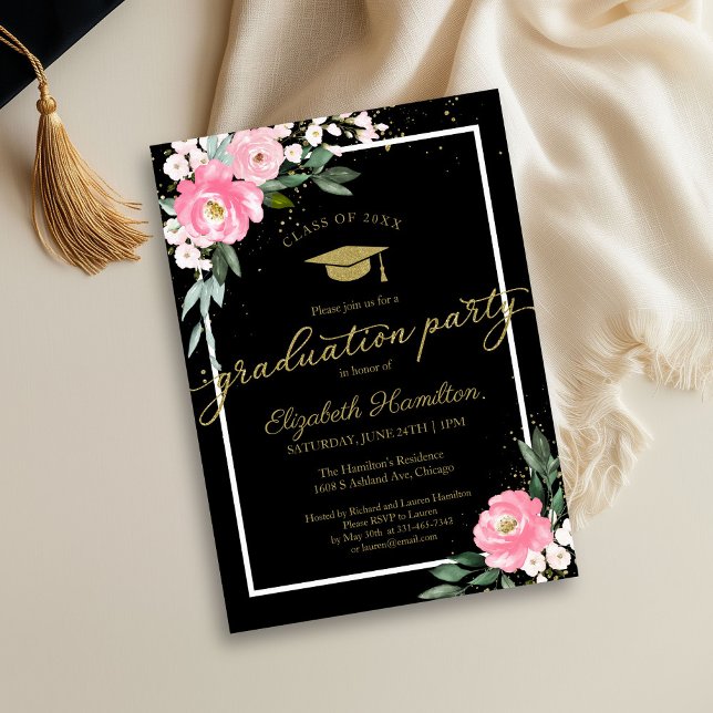 Invitación Fiesta de Grado de Secundaria Hot Pink Floral Blac (Subido por el creador)