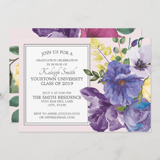 Invitación Fiesta de Grado Floral Amorado Amarillo Pink (Anverso / Reverso)