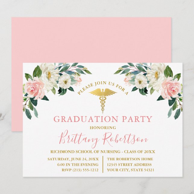 Invitación Fiesta de Grado Médico de Flora Blanca Rosa (Anverso / Reverso)