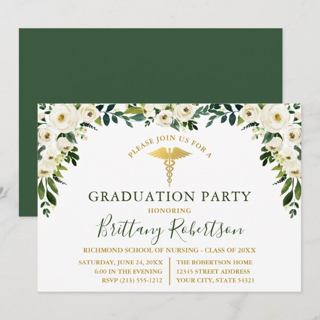 Invitación Fiesta de Grado Médico de Flora Blanca y Verde de  (Anverso / Reverso)