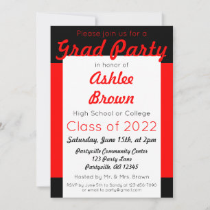 Invitación Fiesta de Grado Negro Rojo Graduación negrita