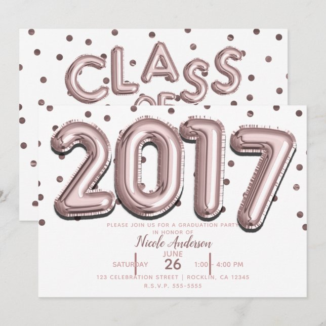 Invitación FIESTA DE GRADUACIÓN 2017 Globos de confeti dorado (Anverso / Reverso)
