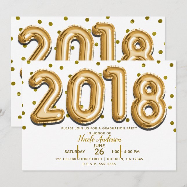 Invitación FIESTA DE GRADUACIÓN 2018 Globos de Confeti Dorado (Anverso / Reverso)