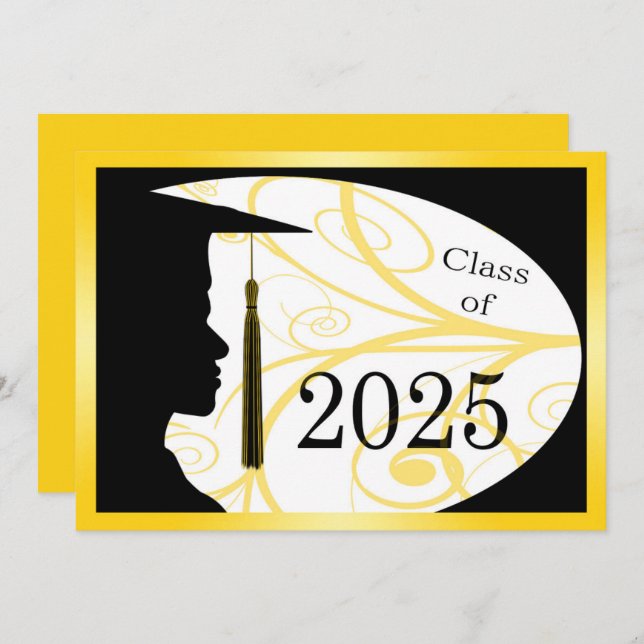 Invitación Fiesta de graduación 2025 de la silueta amarillo/n (Anverso / Reverso)