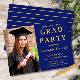 Invitación Fiesta de Graduación 2026 con Foto Azul y Dorado M