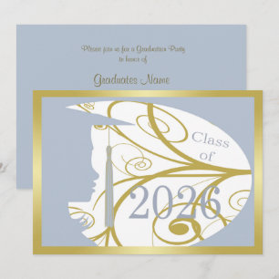 Invitación Fiesta de Graduación 2026 Silueta Azul Cielo y Dor