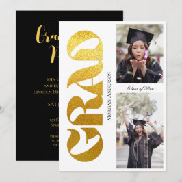 Invitación Fiesta de Graduación 2 Foto Tipografía Negra y Dor