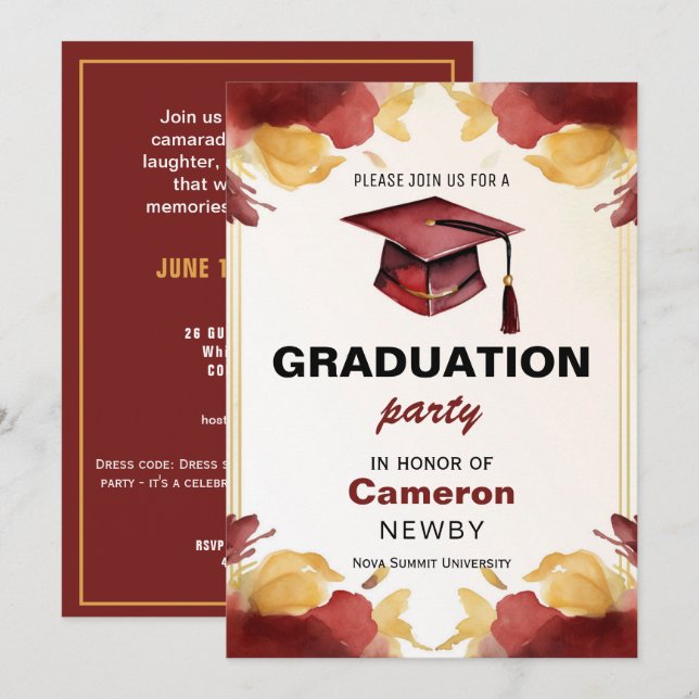 Invitación 🎓Fiesta de graduación acuarela de birrete (Anverso / Reverso)